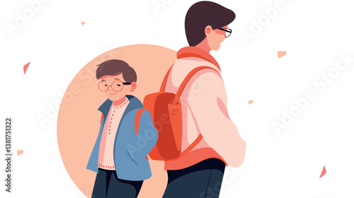 Cartoon male characters with glasses and backpacks, young boy and teen in casual outfit