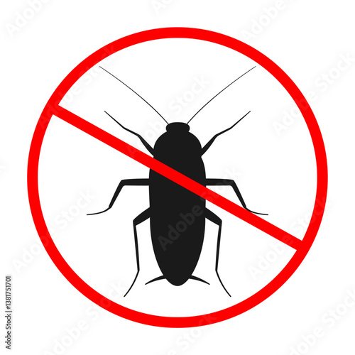 No cockroaches sign with crossed out insect silhouette. Vector illustration for pest control, extermination services and hygiene warnings