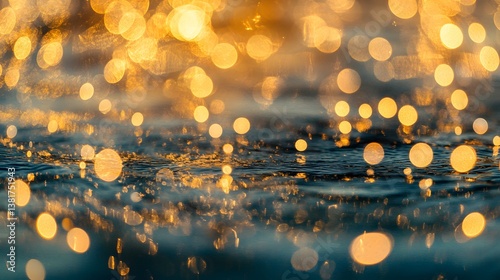 Golden Bokeh Lights Over Water: Abstract, shimmering effect.  A captivating image for backgrounds, wallpapers, or artistic projects.