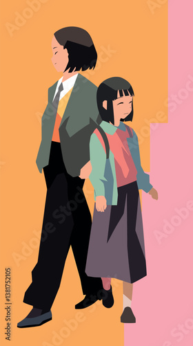 Asian young siblings walking together in colorful minimalist style illustration