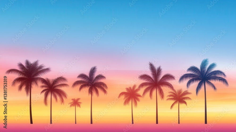 Calm tropical sunset with palm trees silhouetted against a vibrant sky in hues of orange, pink, and blue Calm tropical sunset with palm trees silhouetted against a vibrant sky in hues of orange, pink, and blue