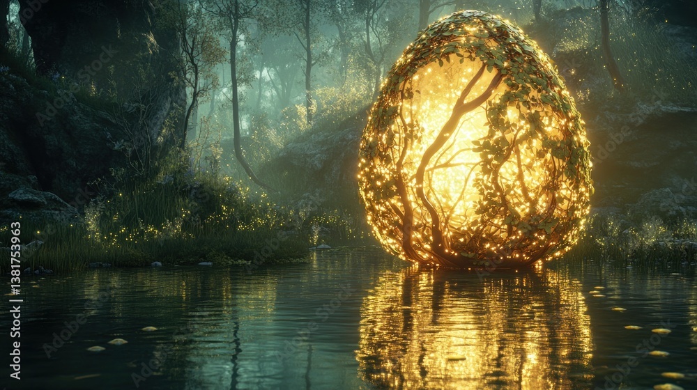 Enchanted Forest: A Glowing Easter Egg with Mystical Vines Floating on Water