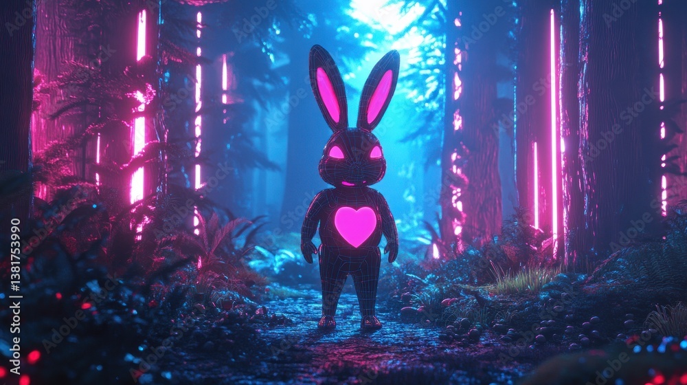 A futuristic easter bunny glowing in a cyberpunk forest with neon light