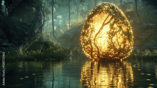Obraz na płótnie Enchanted Forest: A Glowing Easter Egg with Mystical Vines Floating on Water w salonie