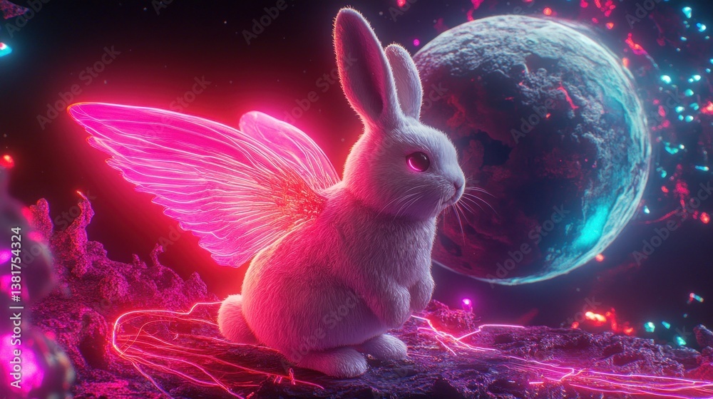 Futuristic Easter: A Winged Bunny with Cosmic Background and Neon Accents