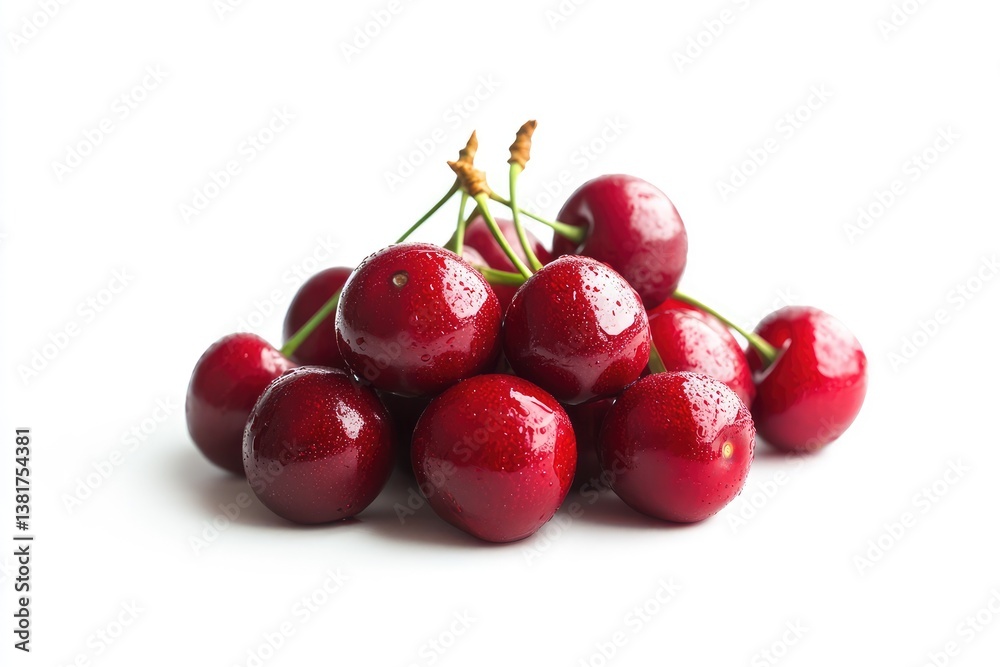 Red cherries isolated on white background. AI generated illustration. Red cherries isolated on white background. AI generated illustration.
