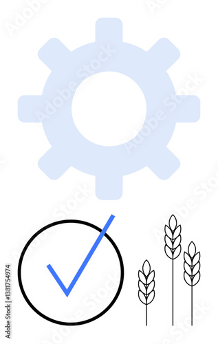 Gear symbolizing productivity, checkmark for quality assurance, and wheat ears for agriculture. Ideal for concepts thumbs up industry, sustainability, farming, efficiency, approval, rural economy
