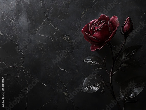 A single vibrant red rose with buds on dark marble background
