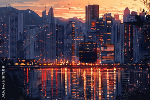 Reflective skyscrapers and business office buildings. AI generated illustration.