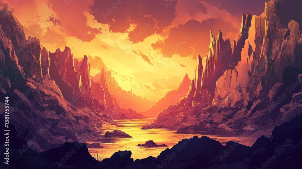 Panoramic view of a dramatic canyon landscape with deep shadows and golden light