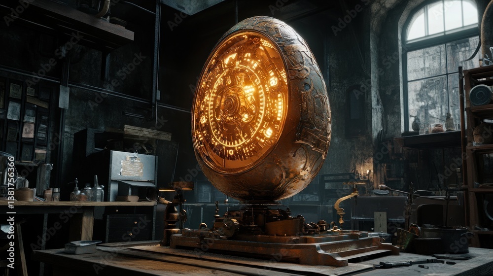 Steampunk Easter Egg with Intricate Clockwork Design in Dimly Lit Workshop