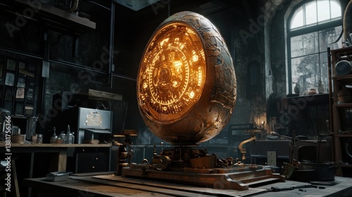 Steampunk Easter Egg with Intricate Clockwork Design in Dimly Lit Workshop
