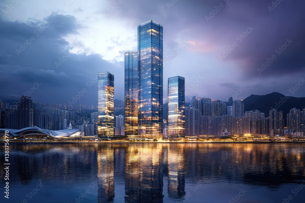 Naklejka premium Reflective skyscrapers and business office buildings. AI generated illustration.