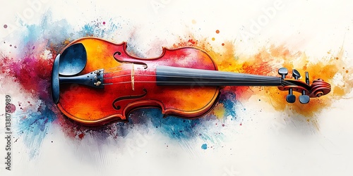 A red violin is painted with colorful watercolor splashes creating a vibrant and energetic mood Perfect for music and art projects