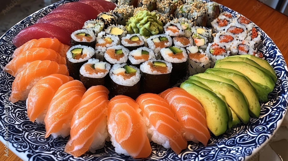 Exquisite Sushi Platter: A Delectable Array of Fresh Seafood and Avocado Slices