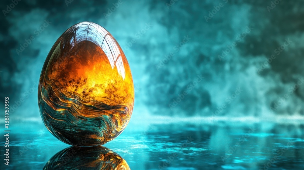 Gleaming resin easter egg with swirling waves on a serene reflective surface