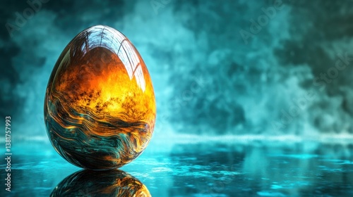 Obraz na płótnie Gleaming resin easter egg with swirling waves on a serene reflective surface w salonie
