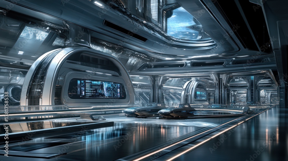 Advanced transportation hub showcases sleek metal and futuristic design elements