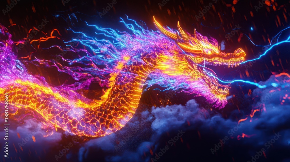 Neon Majesty: A Vibrant Fire-Breathing Dragon in the Clouds of Futuristic Design