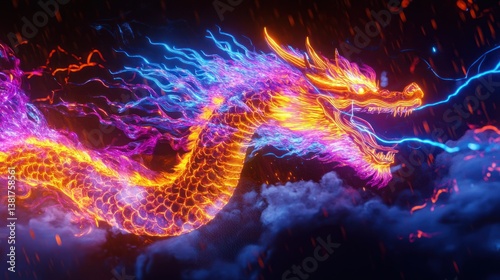 Obraz na płótnie Neon Majesty: A Vibrant Fire-Breathing Dragon in the Clouds of Futuristic Design w salonie