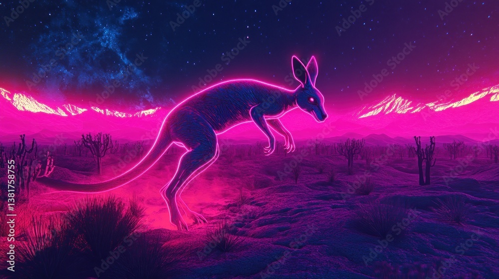 Neon kangaroo leaps across a futuristic glowing landscape under a starlit sky