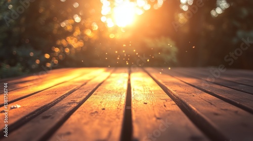 Weathered wooden deck with softly blurred garden leaves and golden sunlight shining through. generative ai