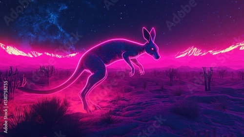 Obraz na płótnie Neon kangaroo leaps across a futuristic glowing landscape under a starlit sky w salonie