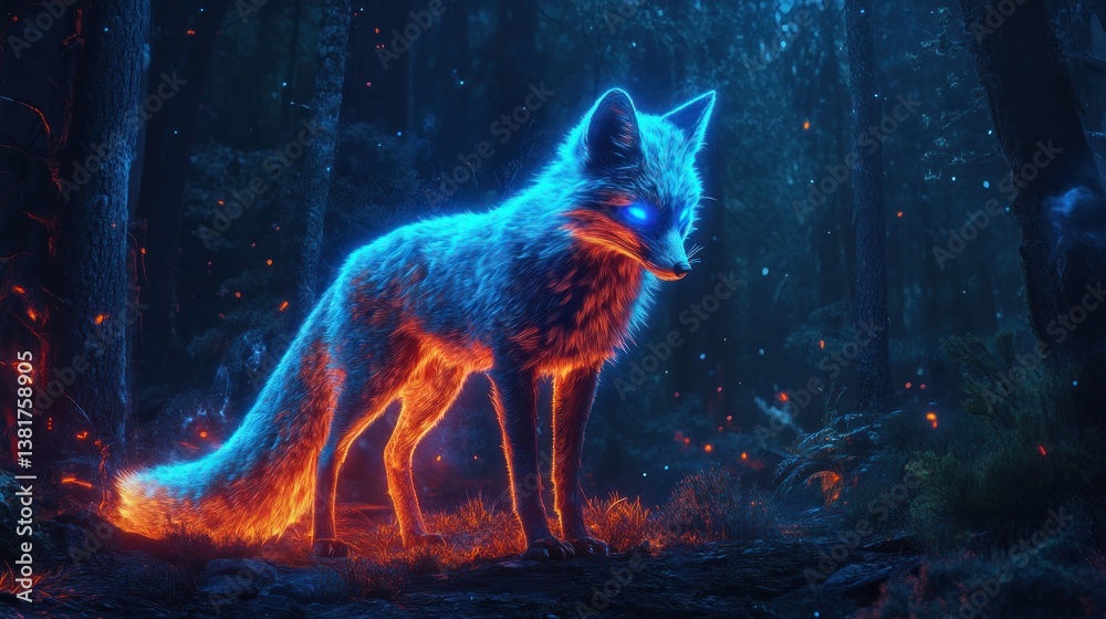 Mystic fox with electric blue and orange fur standing in enchanted forest