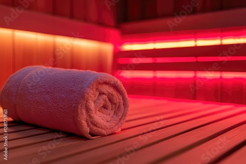 Rolled-up towel on a wooden bench in an infrared sauna. AI generated illustration.