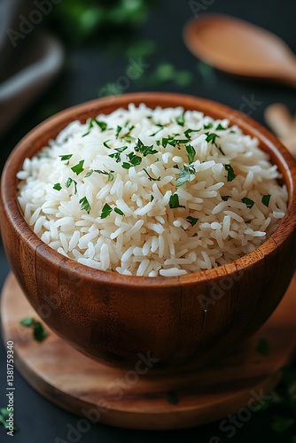 Wooden bowl of white rice.