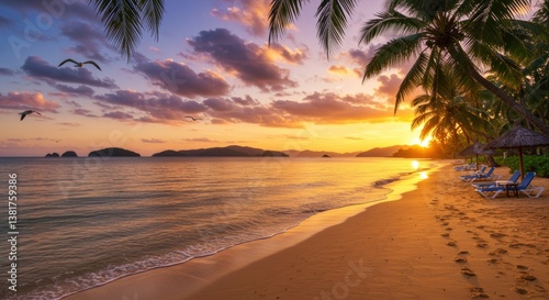 A serene beach at sunset with soft waves lapping the shore. Silhouetted palm trees frame the scene as birds glide across a colorful sky, creating a tranquil escape.