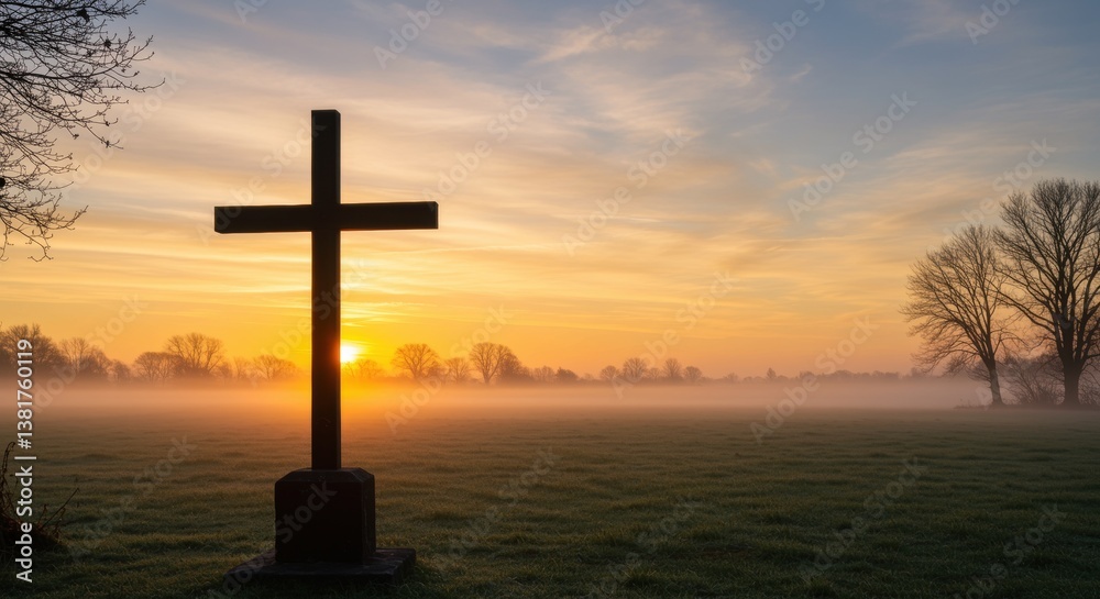 A serene landscape featuring a wooden cross silhouetted against a stunning sunrise. The misty field and trees in the background create a tranquil atmosphere, perfect for contemplation and reflection. A serene landscape featuring a wooden cross silhouetted against a stunning sunrise. The misty field and trees in the background create a tranquil atmosphere, perfect for contemplation and reflection.