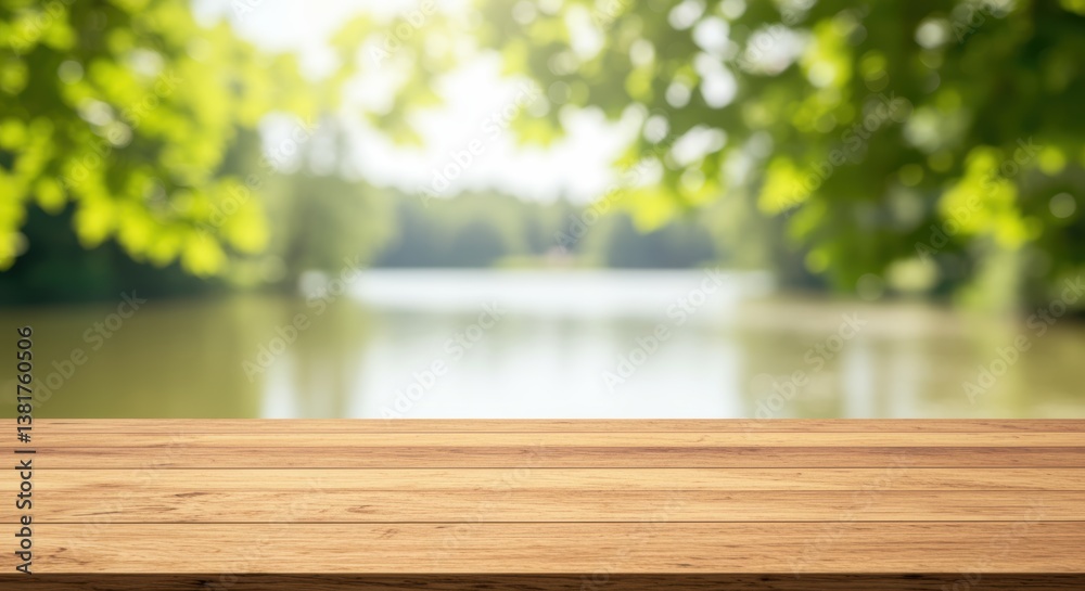 A serene wooden table top overlooks a tranquil blurred lake scene surrounded by lush greenery. This peaceful setting is ideal for showcasing products, rustic themes, or lifestyle elements. A serene wooden table top overlooks a tranquil blurred lake scene surrounded by lush greenery. This peaceful setting is ideal for showcasing products, rustic themes, or lifestyle elements.
