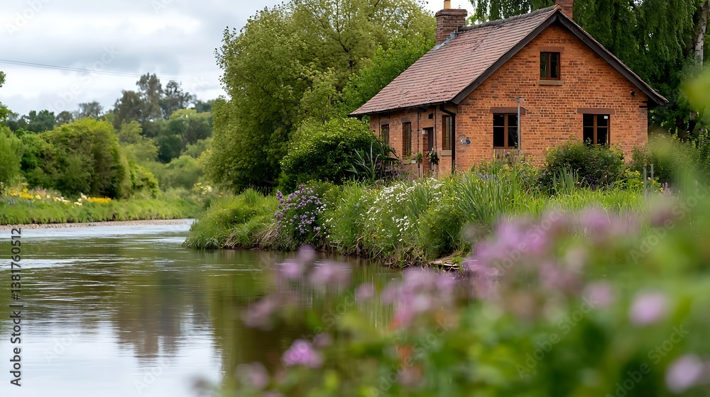 Obraz premium Tranquil riverside scene featuring a rustic brick house surrounded by lush greenery and flowers