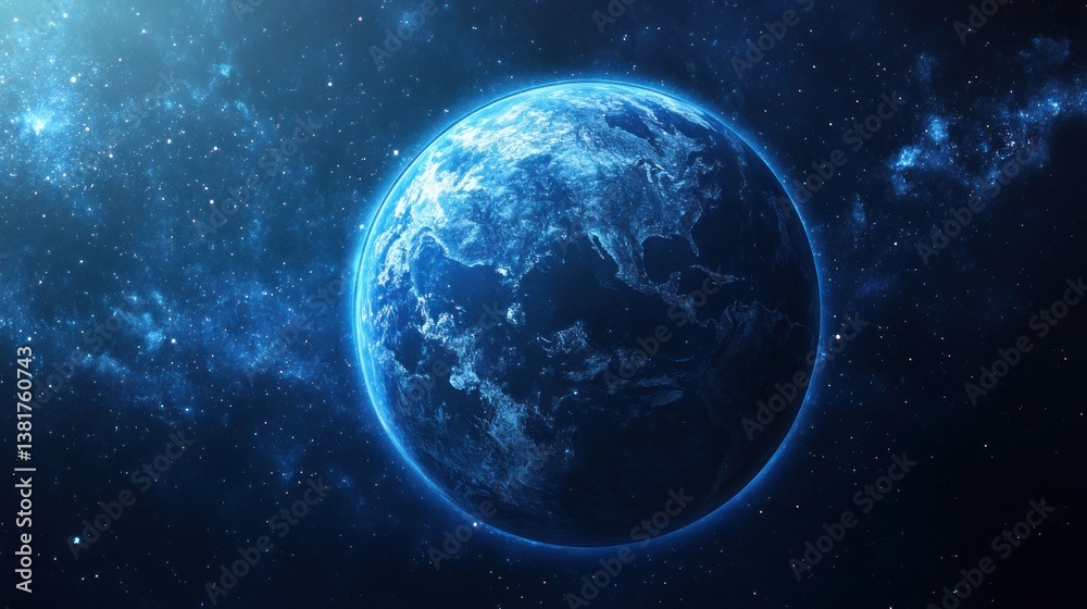 Gleaming celestial orb: A vision of a blue planet floating amidst starry expanse