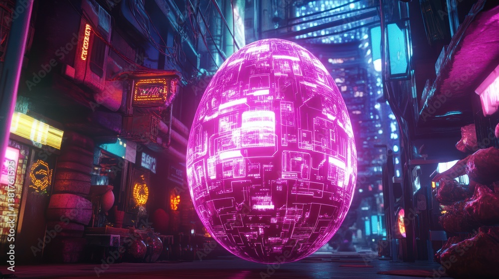 Cyberpunk Cityscape with a Futuristic Egg Sculpture Glowing in Neon Lights