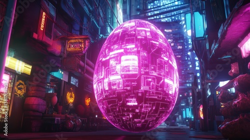 Obraz na płótnie Cyberpunk Cityscape with a Futuristic Egg Sculpture Glowing in Neon Lights w salonie