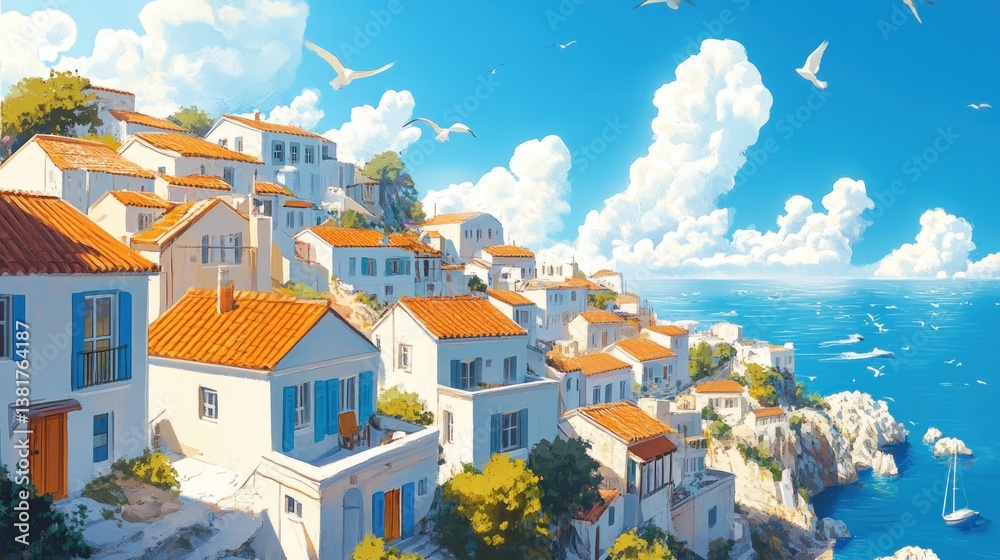 Coastal Village Overlooking the Ocean with White Houses and Blue Accents