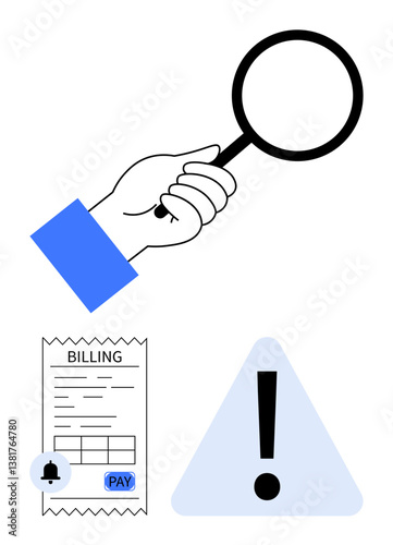 Hand with magnifying glass, billing document with reminder, and warning mark highlight financial diligence and risk. Ideal for finance, analysis, alerts, security, auditing, reporting compliance