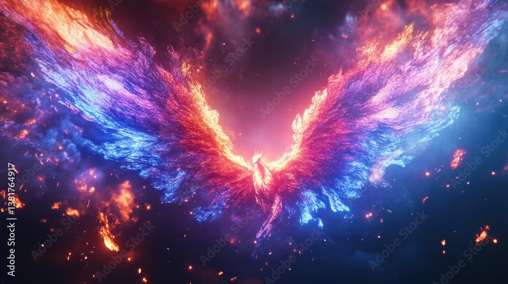 Fiery Bird Rising with Wings Spread in a Dramatic Sky
