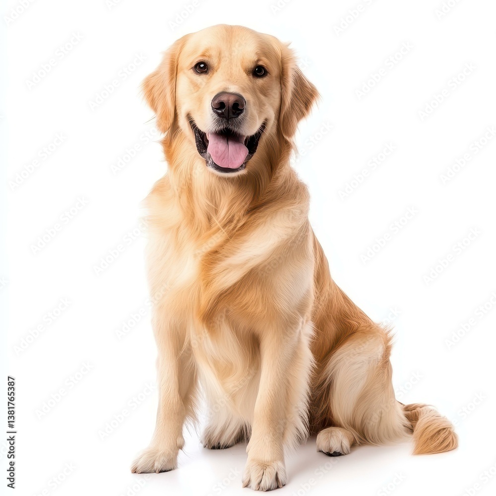 A friendly golden retriever stands out against a pure white background, showcasing its playful and loving nature. A friendly golden retriever stands out against a pure white background, showcasing its playful and loving nature.