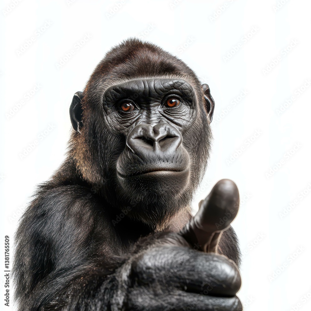 A playful gorilla giving a thumbs up, showcasing its friendly demeanor against a clean, white backdrop. A playful gorilla giving a thumbs up, showcasing its friendly demeanor against a clean, white backdrop.