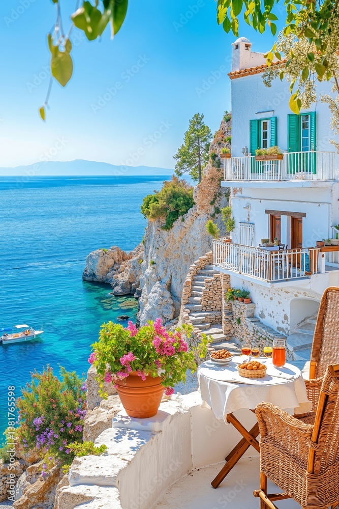 Fototapeta premium A table and chairs on a balcony overlooking the ocean