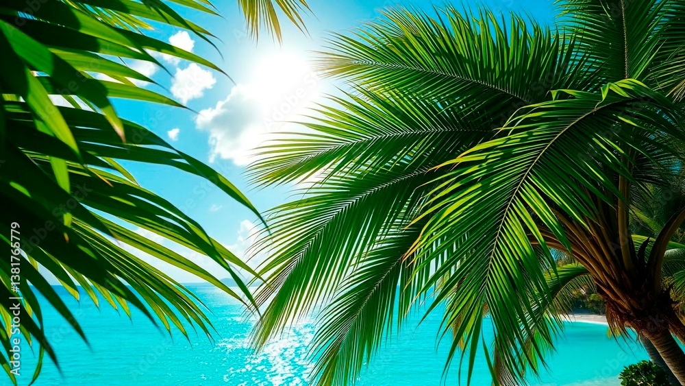 Naklejka premium Tropical beach paradise scene with lush palm trees framing turquoise ocean waters and a bright sun, capturing the essence of summer vacation.