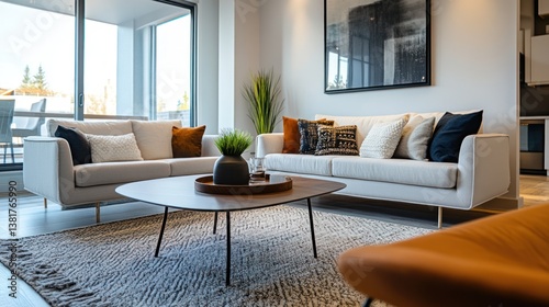 Obraz na płótnie Stylish Living Room Interior with Modern Sofas and Coffee Table w salonie