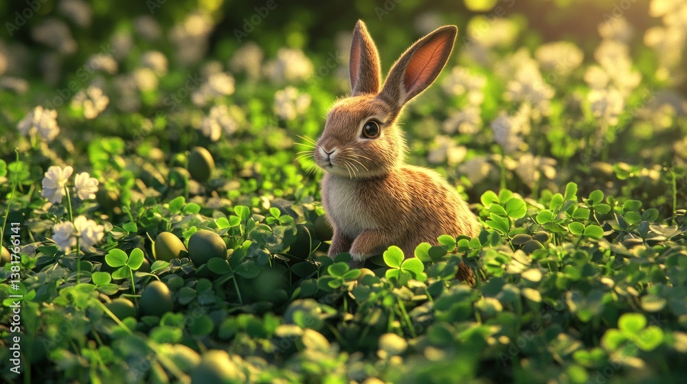 Small Rabbit Sitting in a Field of Clovers and Easter Eggs