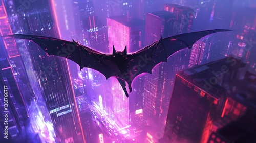 Flying Creature Soars Above Neon Cityscapes Creating a Dramatic Night Scene