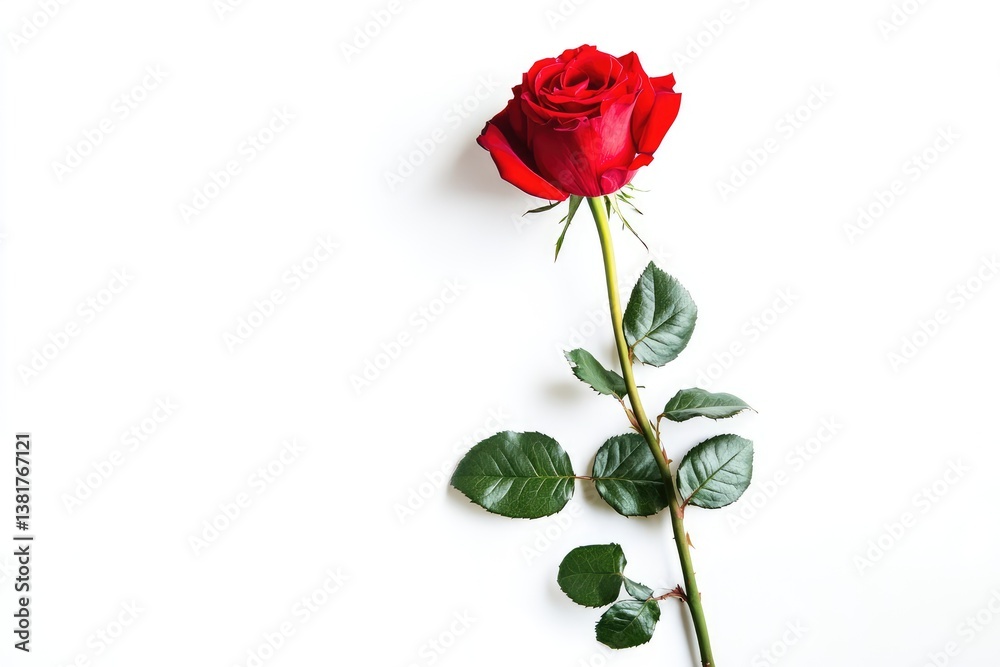 Single red rose with long stem on white background. AI generated illustration. Single red rose with long stem on white background. AI generated illustration.