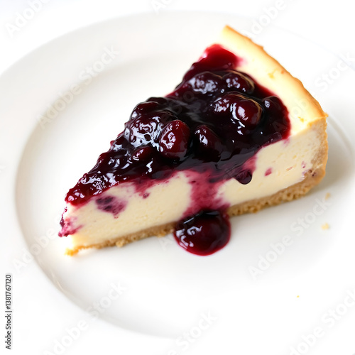A classic New York-style cheesecake slice, topped with a thin layer of berry compote, sits perfectly on a white ceramic plate