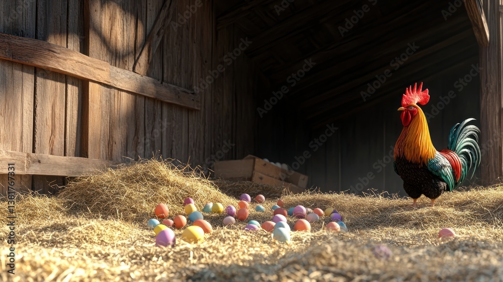 Rooster in Barn with Colorful Easter Eggs in Golden Hay